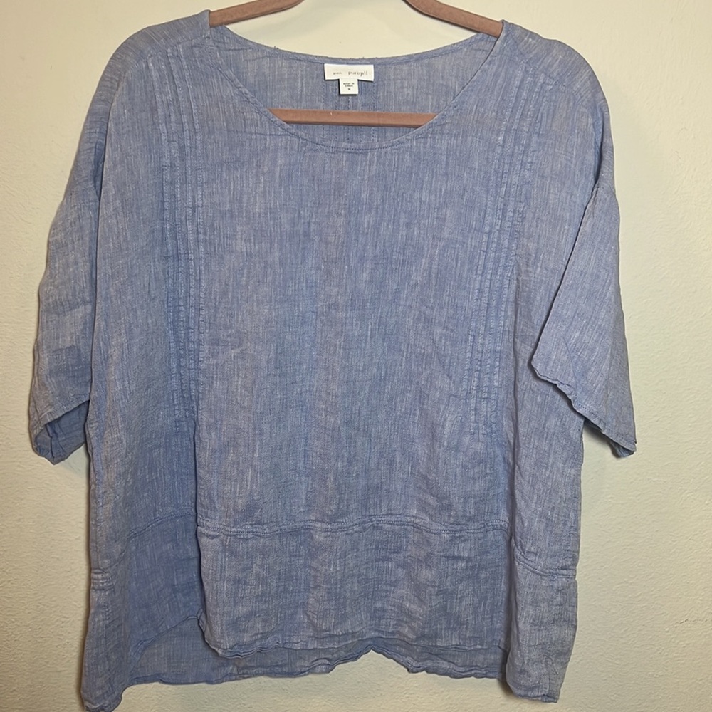 J. Jill Linen Blend Chambray Blue Blouse Medium